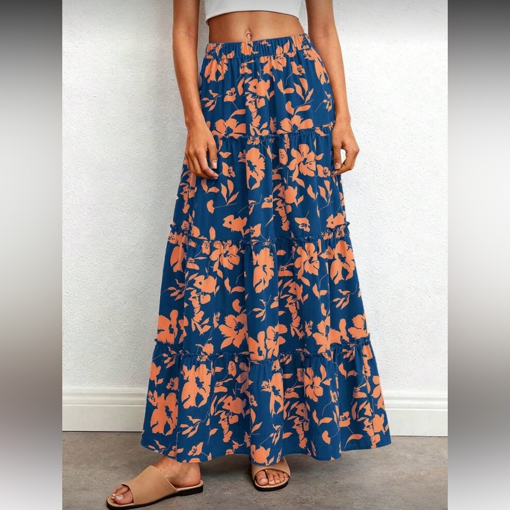 Floral Blue and Orange Maxi Skirt
